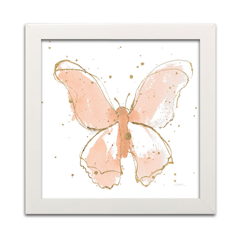 Papillons dorés II, aquarelle rosée, Papier avec cadre blanc, H 12 po x l 12 po x P 0,75 po