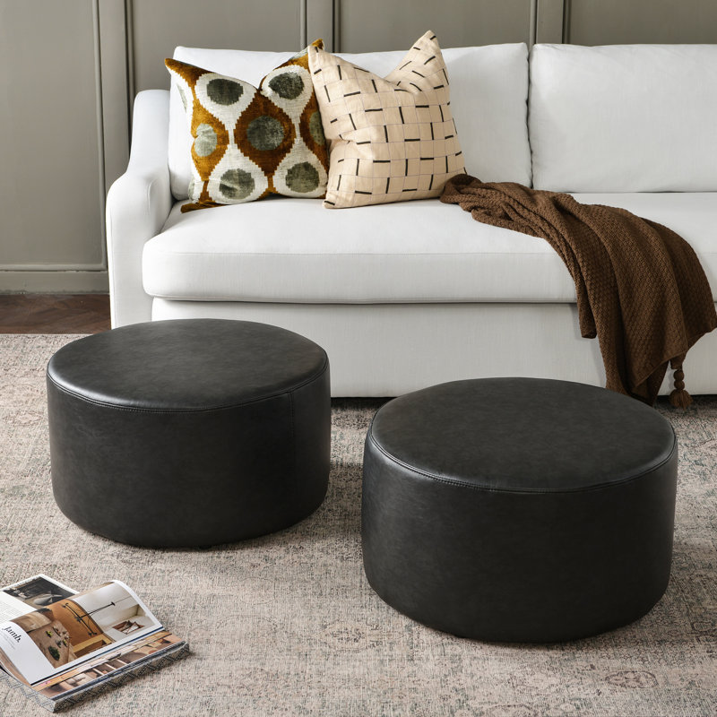 24" Wide Faux Leather Round Upholstered Ottoman Set Of 2, Black