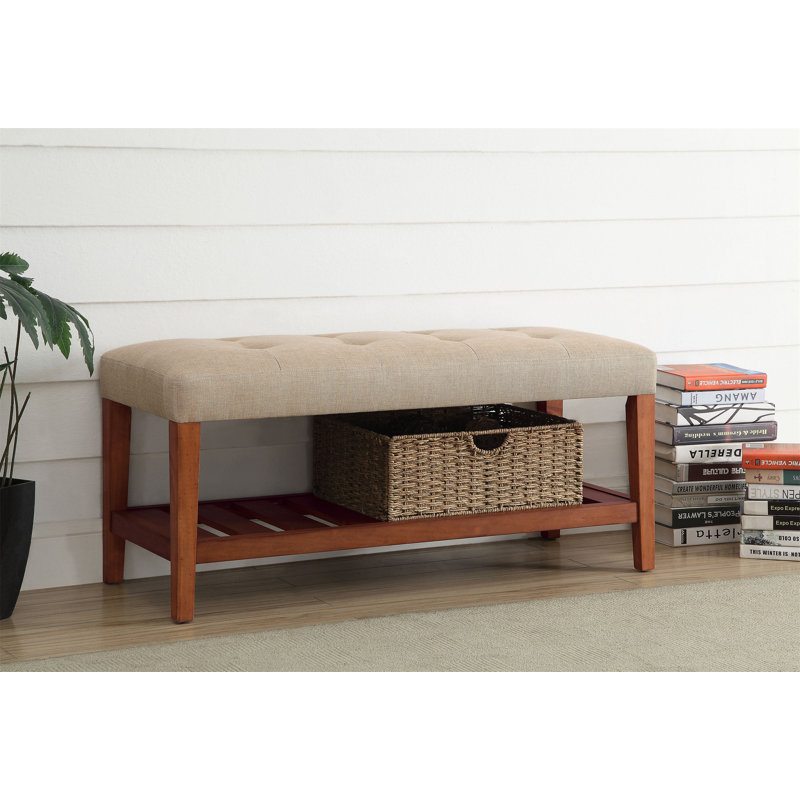 Charla Beige Fabric & Oak Finish Bench, Beige, Beige