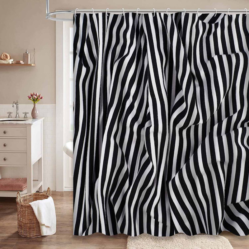 Rideau de douche rayé en tissu noir froissé avec 12 crochets, L 72 po x l 72 po