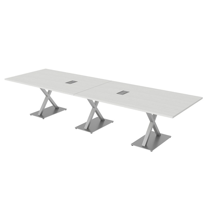Table de conférence rectangulaire avec base en X en métal | Unité électrique, Cyprès blanc, L 144 po x l 48 po, Argent argent