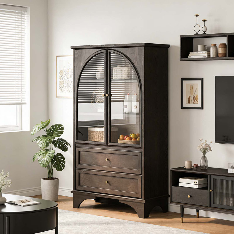 Vitrine porte vitrée vintage avec 2 tiroirs et tablette réglable, Brun