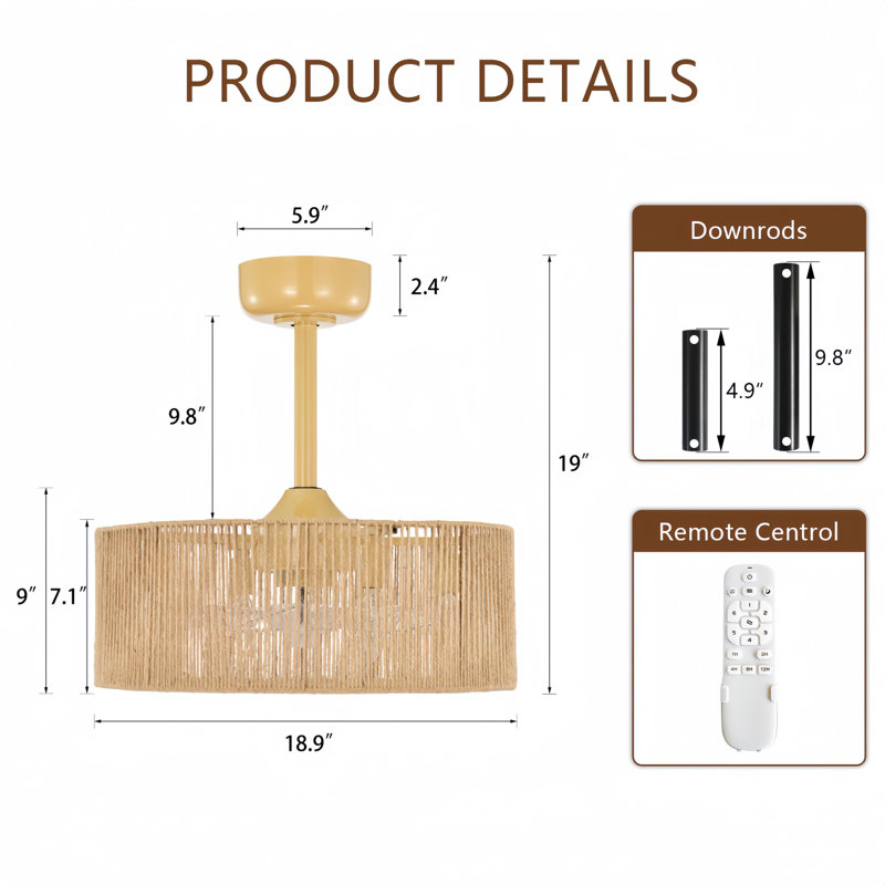 18.9'' Farmhouse Remote Control Reversible Hemp Rope Rattan Ceiling Fan With Lighting Kits For Living Room/Bedroom
