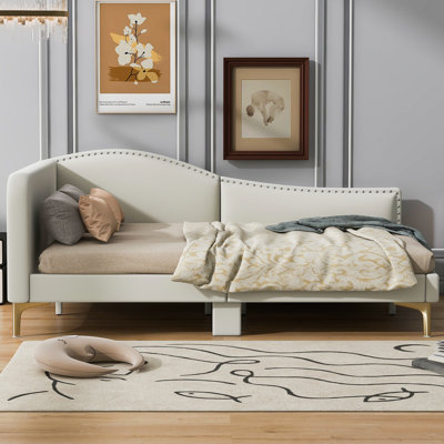 Lit de jour en lin beige avec tête de lit, accoudoirs et pieds robustes - Tête de lit classique et confortable