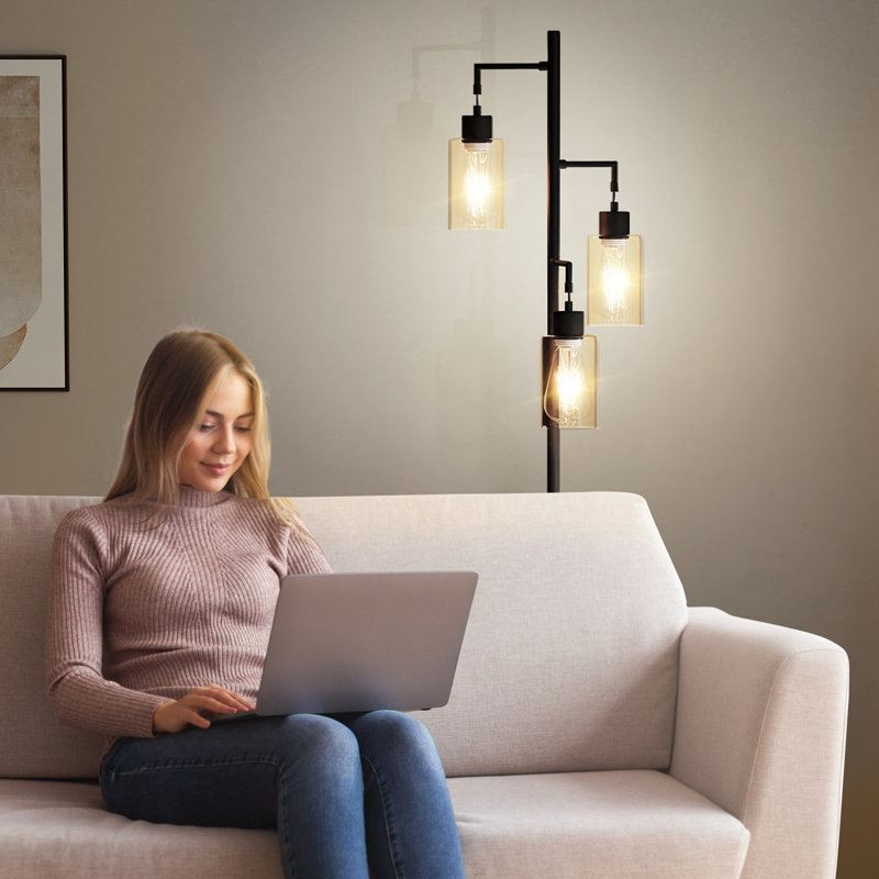 67" Living Room with 3-Light Tree Shaped Floor Lamp, Bedroom with Foot Switch and Glass Lampshade Floor Lamp