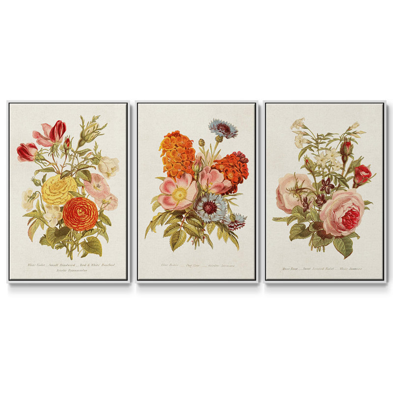 Antique Floral Bouquet I, ensemble de 3 toiles encadrées, H 40 po x l 78 po, Blanc
