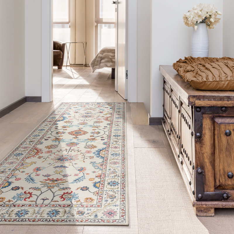 Samira Cream Pink Multi Indoor Area Rug, Transitional Flat Pile for Living Room & Bedroom- Cream, 2x6 Runner