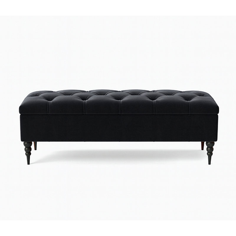 Safar Wide Tufted Rectangle Ottoman Storage Bench – Upholstery Plush Velvet Shoe Bench with Black Turned Wooden Legs, Black