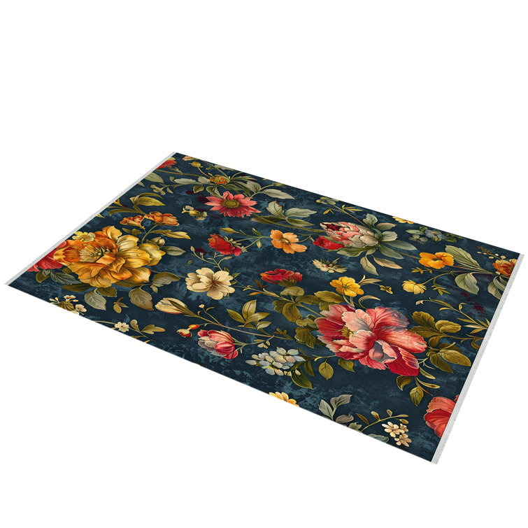 Ivy Bronx Bold Floral Garden Rug - Navy And Red - Vibrant Botanical ...