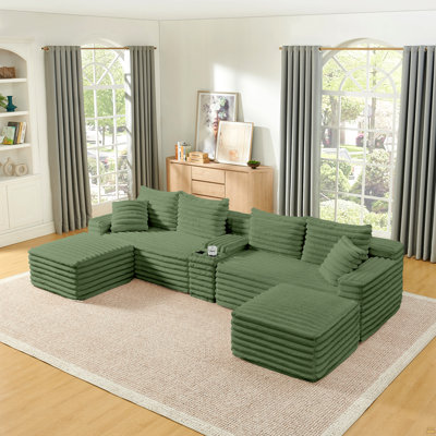 127" Cloud Couch Sectional, Modular Sofa with Cup Holder, 2 Ottoman and USB Ports, Corduroy U Shaped Boneless Sofas, Couch in a Box, No Assembly Requi