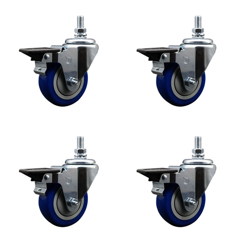 3.5 Inch_Polyurethane 10MM Threaded Stem Caster Set with Brake, Blue
