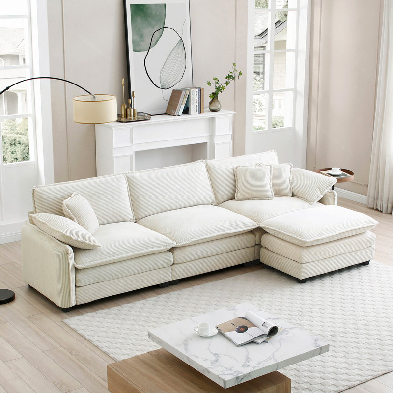 Canapé modulaire, canapé surdimensionné 3 places avec un repose-pieds, canapé modulaire en forme de L avec repose-pieds pour le salon, canapé en velours côtelé blanc