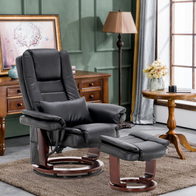 Faux Leather Recliner Chair with Massage and Ottoman, 360 Degree Swivel, Removable Lumbar Pillow