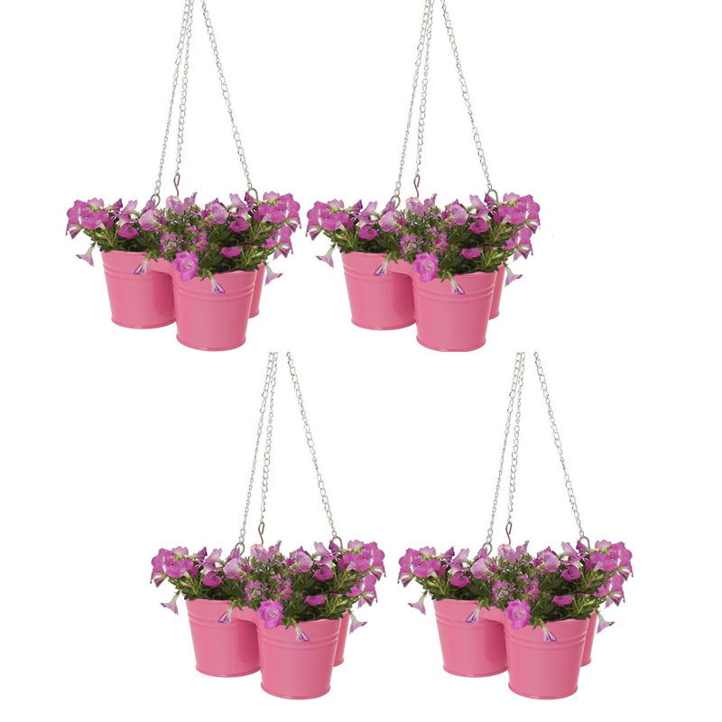 Triple pot de fleurs suspendu en acier émaillé, Rose