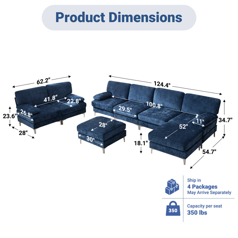 Tennielle 123.62" W Upholstered Modular Sectional Sofa, Blue