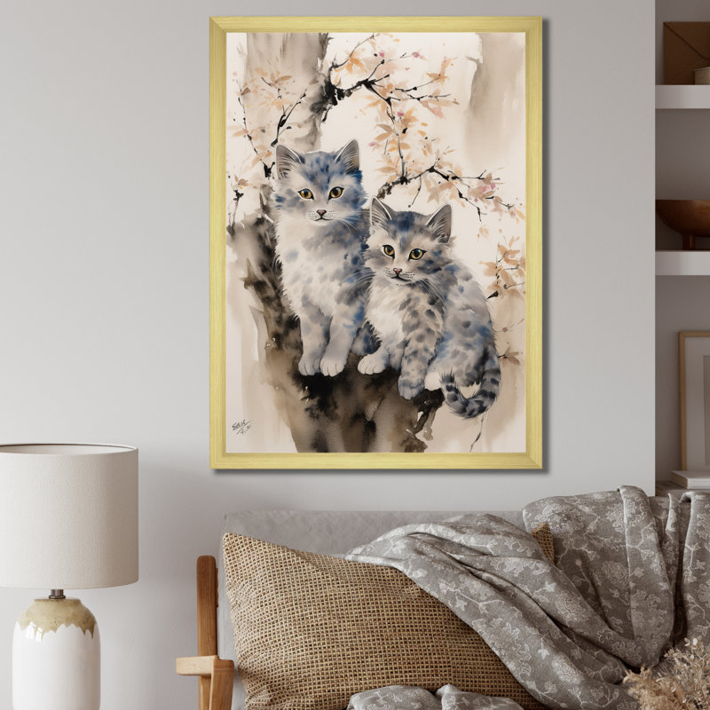 Deux chats gris dans un arbre, reproduction d'art rétro sur toile I, Cadre doré à une seule photo