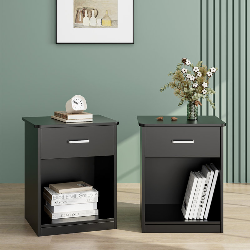 Ignacio 23.6" H Wood Nightstand with Drawer, Black, Set of 2