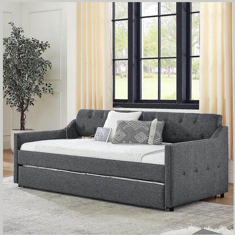 Lit de jour simple rembourré avec couchette et chargement USB, Gris foncé