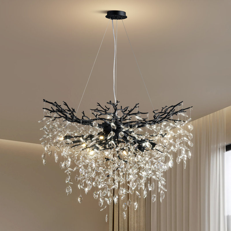 Lustre en cristal 12 lumières Modern, Noir mat, H 27,56 po x l 39,37 po x P 39,37 po