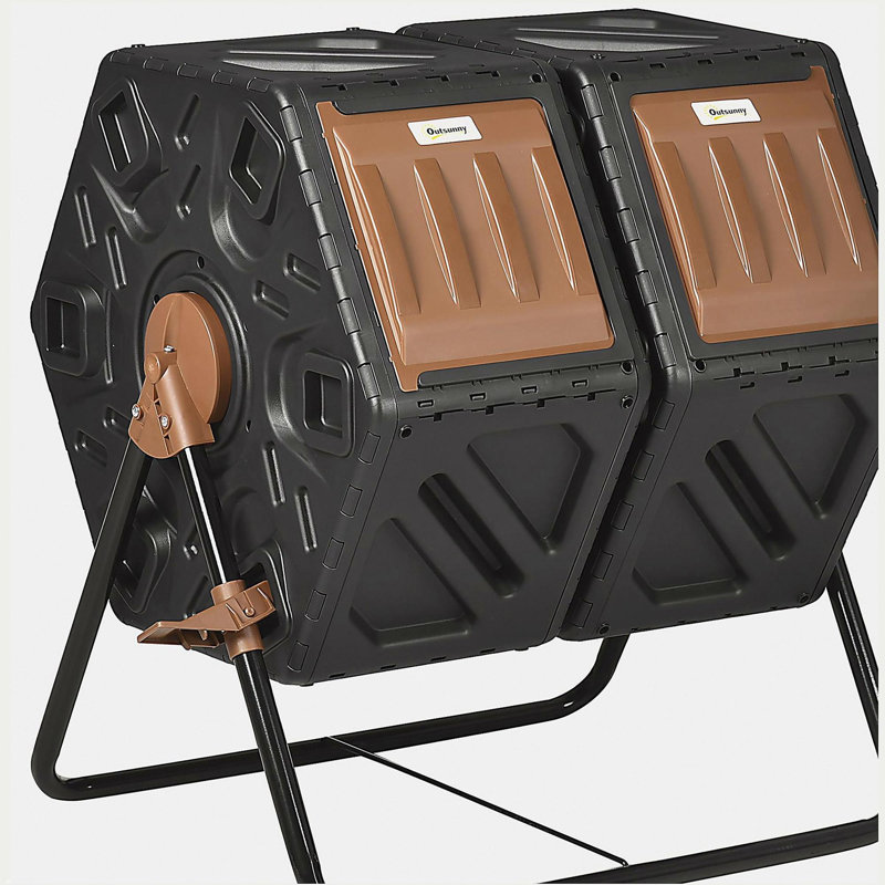 Outsunny Dual Chamber Compost Tumbler Bin, Outdoor Tumbling Composter with 24 Ventilation Openings and Steel Legs, 34.5 Gallon
