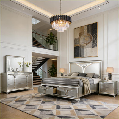 Ensemble de chambre à coucher | Grande tête de lit moderne 4 pièces, bois massif, tête de lit à DEL, rangement, argent brossé vert olive, pour la chambre principale | Bois | Lits standard