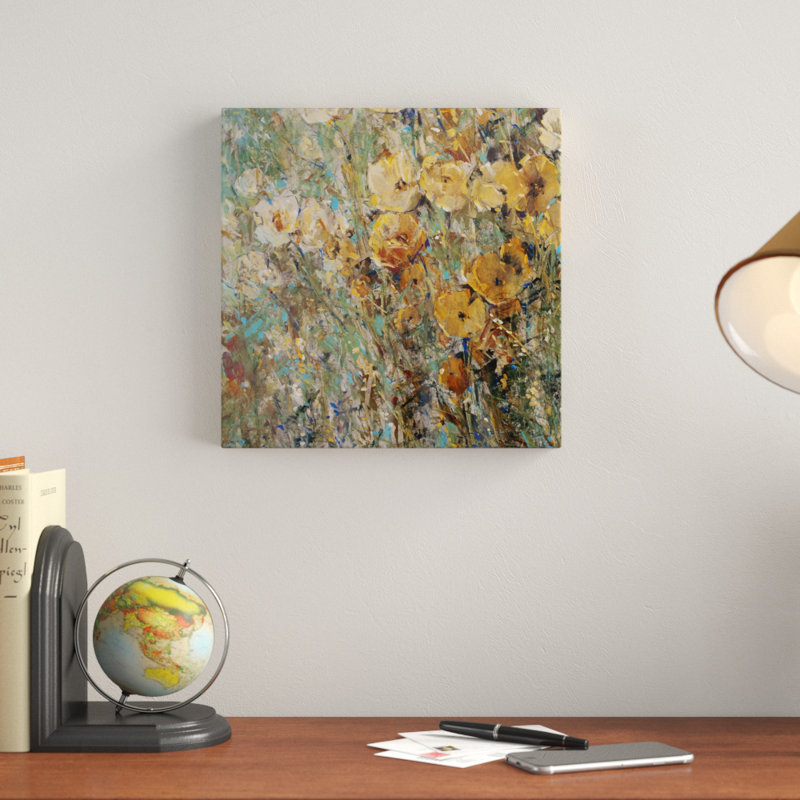 «Amber Poppy Field I», peinture sur toile, H 12 po x l 12 po, Toile tendue