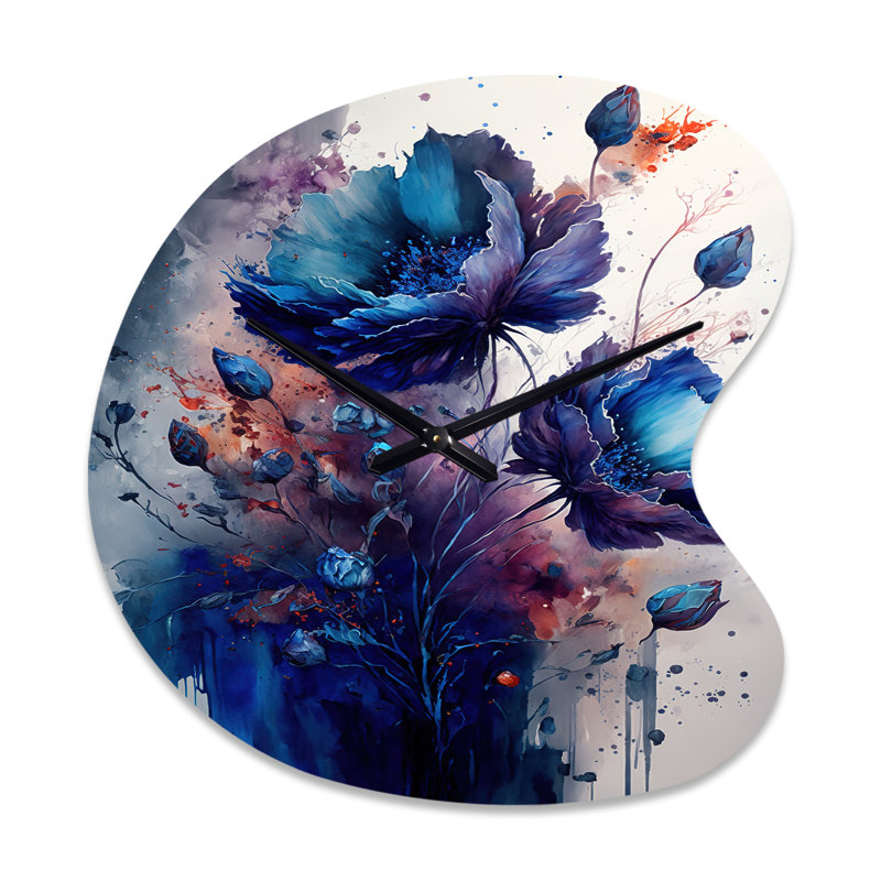 Vibrant Blue Flower Bouquet II - horloge murale asymétrique traditionnelle en métal, impression d'horloge murale bleue, Petit