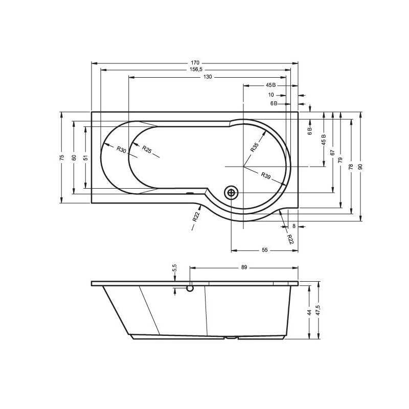 1700mm x 900mm Standard Acrylic Bathtub