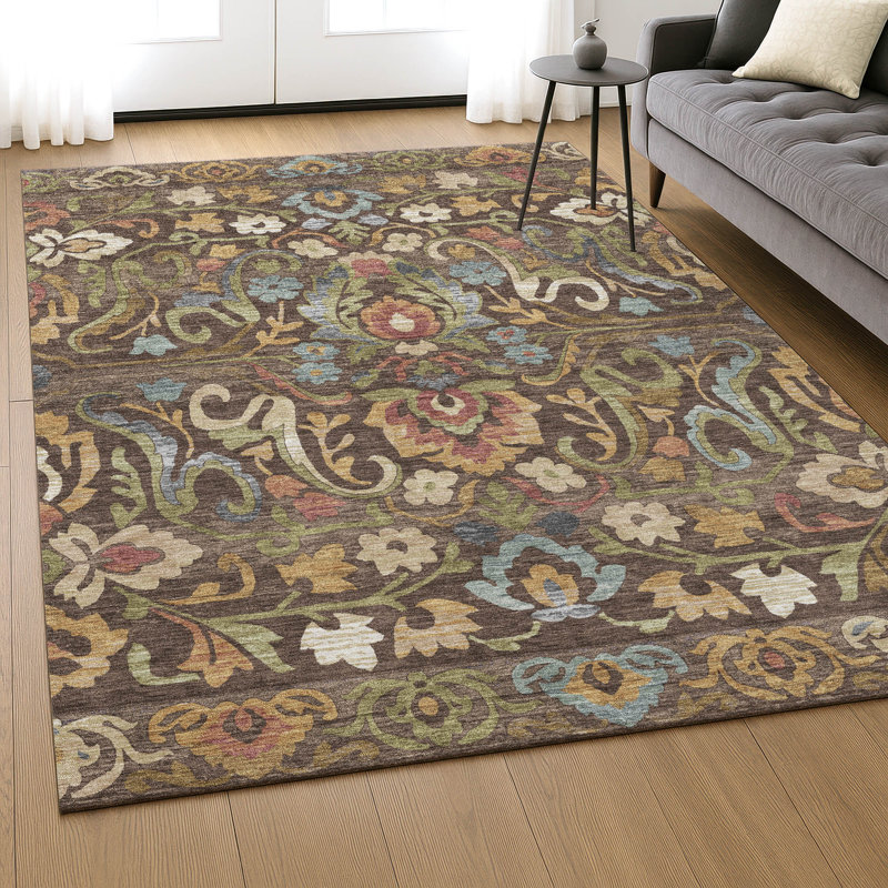 Premium Machine Washable Mayfield AMF2193 floral Rug, 8' x 10', Chocolate