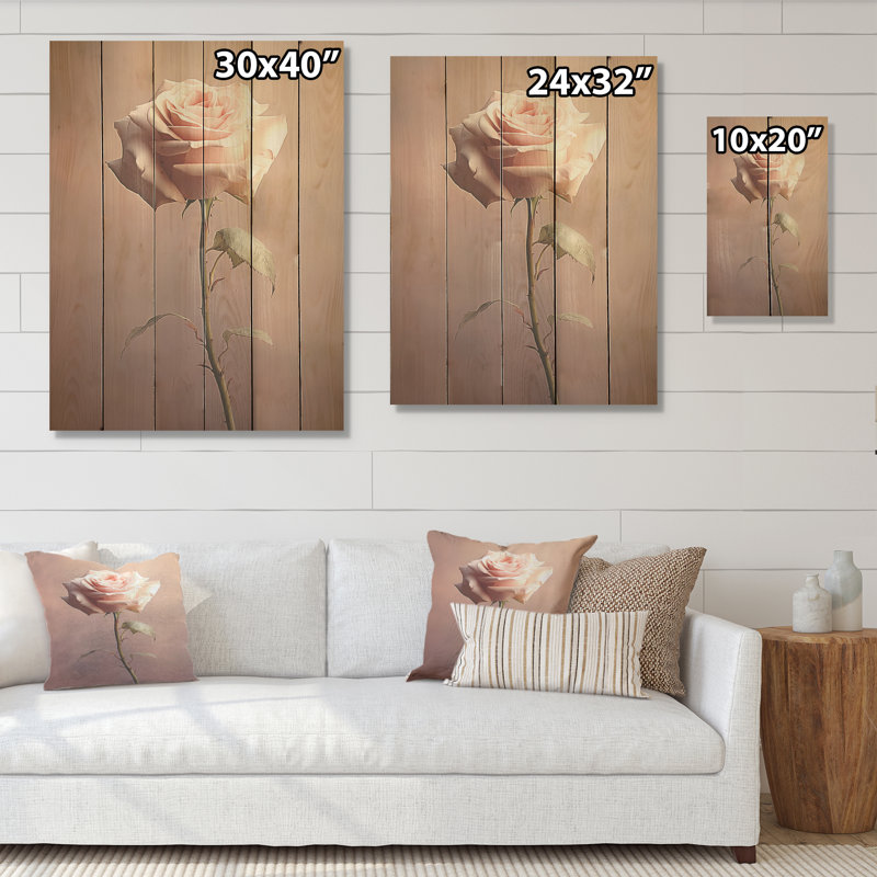 Rose, simplicité romantique, art mural sur bois de pin naturel, H 32 po x l 24 po
