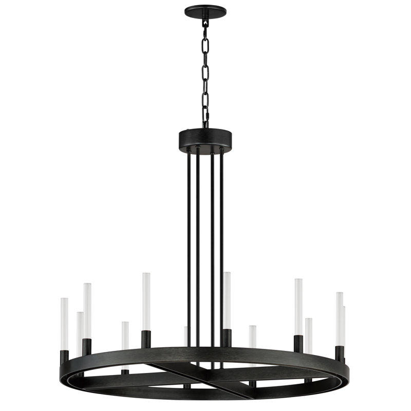 12 - Light Dimmable LED Wagon Wheel Chandelier, Black