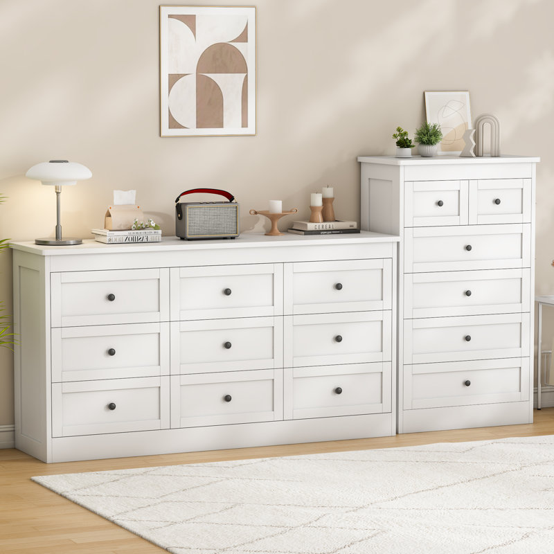 Ensemble rétro 2 pièces: commode large à 9 tiroirs et commode haute à 6 tiroirs, Blanc