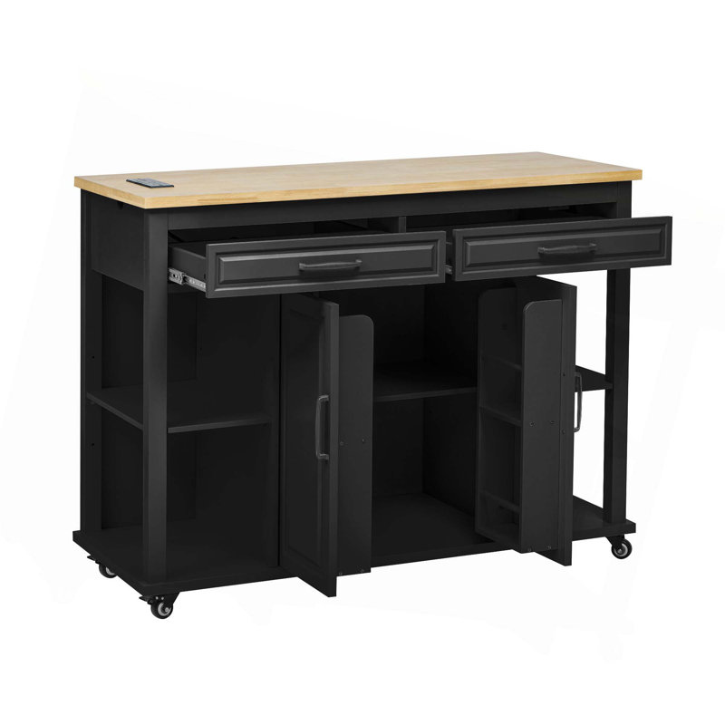Îlot de cuisine 47 po avec table de salle à manger extensible, support de rangement interne, prise de courant, 2 tiroirs et 2 armoires