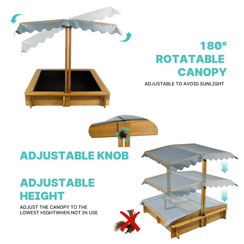 45" Kids Wooden Sandbox with Adjustable Canopy, Outdoor Sand Play Station with 4 Built-in Seats, 2 Side Storage Buckets and Bottom Net