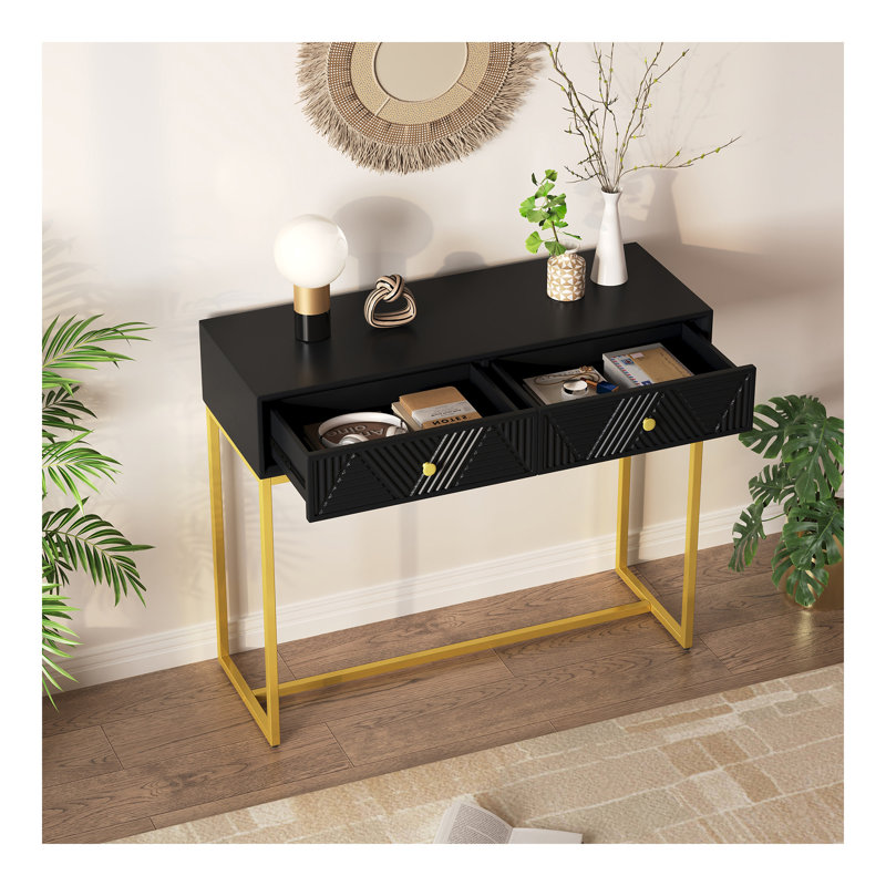 Console pour table d'entrée, console moderne et élégante avec rangement, console étroite avec deux tiroirs à rayures pour le couloir du salon, noir