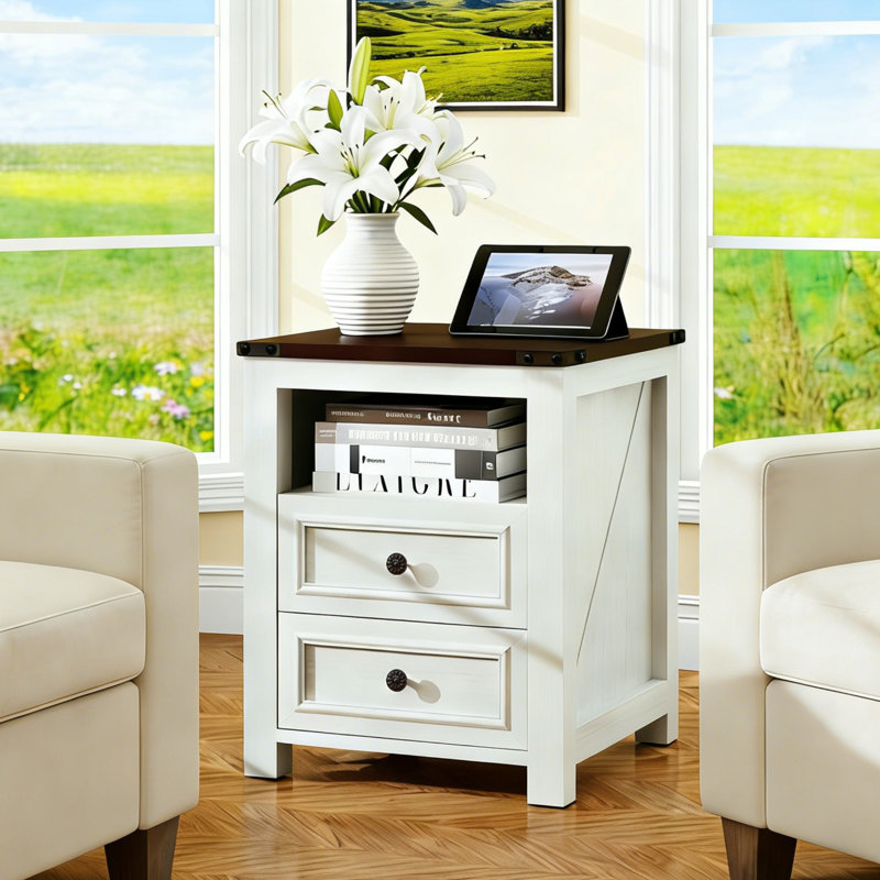 Table de chevet et table de bout 18 po avec station de charge et tablette de rangement ouverte, Blanc, Ensemble de 1