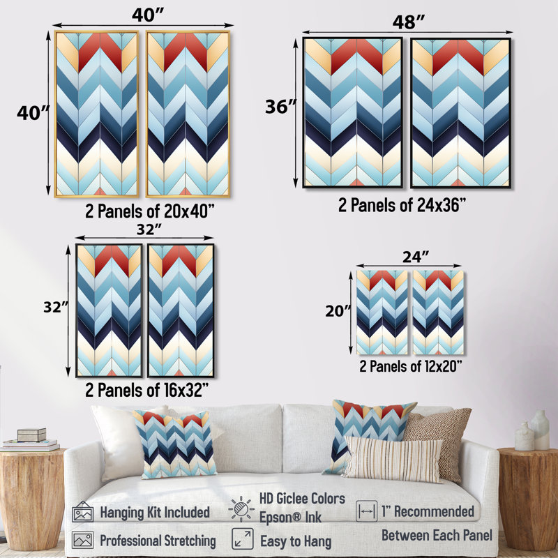 Motif de chevron géométrique harmonie - art mural bleu 2 pièces, Noir, H 36 po x l 48 po