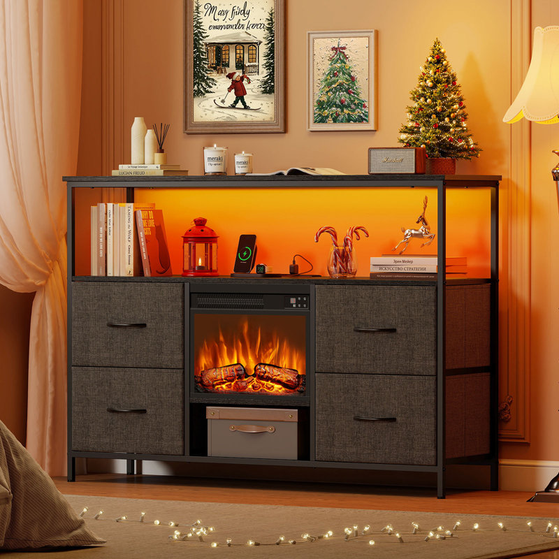 Fireplace TV Stand with 4 Fabric Drawers, Entertainment Center with Fireplace, TV Stand Dresser, TV Console Table for 55 inch TV, for Living Room, Bedroom