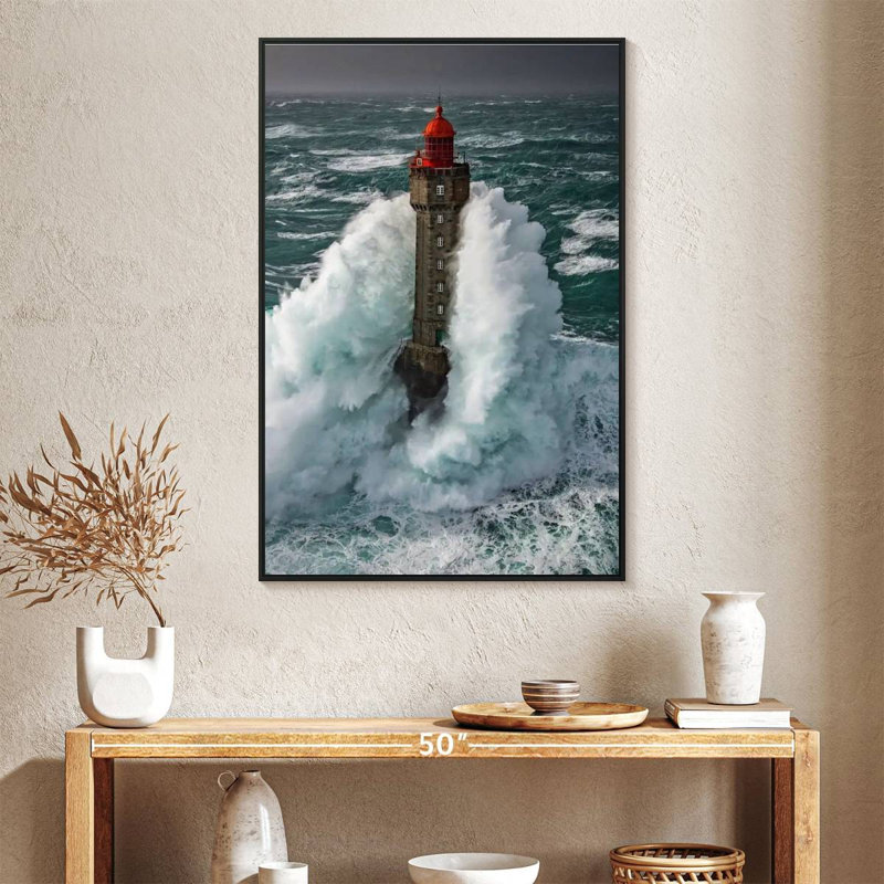 Tempête au phare de La Jument, Cadre flottant noir, 27 po x 40 po