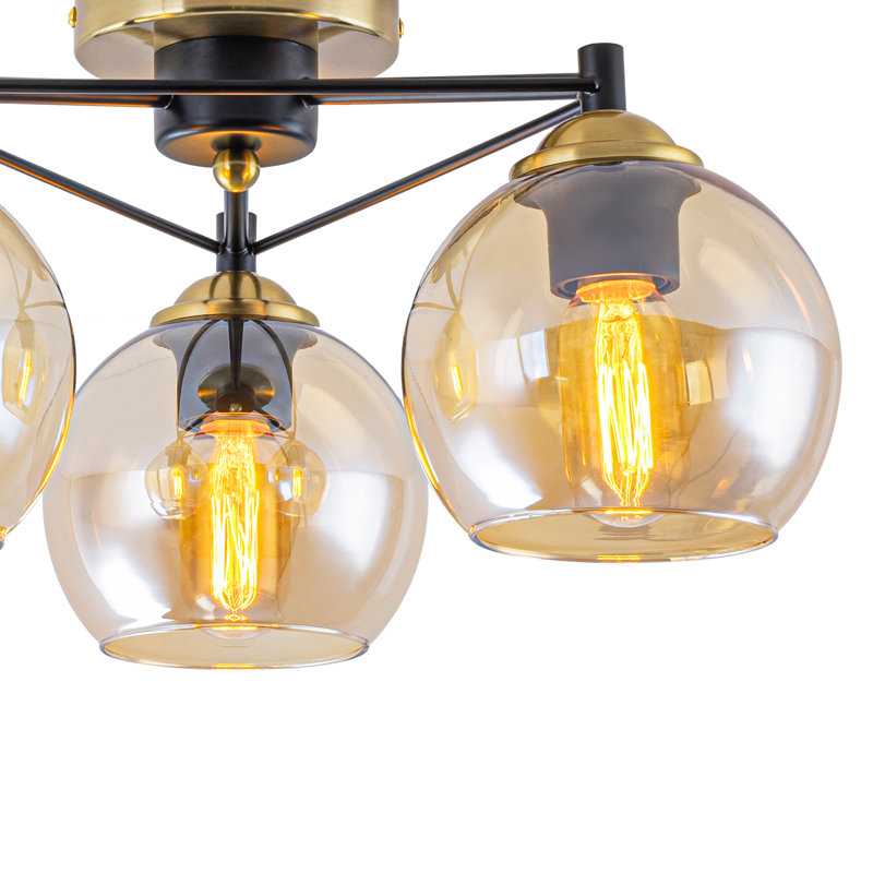 3-Light Semi Flush Mount Ceiling Light, Modern Industrial 3-Light Fixture with Copper & Matte Black Finish, Amber Glass Globes, E26 Base, 17.7" Diameter