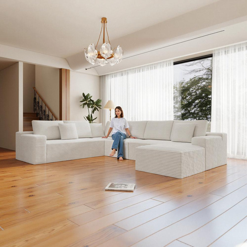 Ensemble modulaire en velours côtelé 4 pièces, Orienté à droite, Blanc