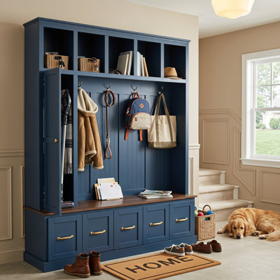 Arbre d'entrée U-Can avec crochets, banc à chaussures et armoire de rangement en bleu marine U-Can
