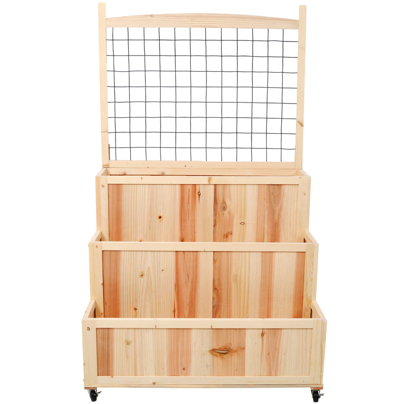 3-Tiers Raised Garden Bed With Trellis, 53" H Vertical Planter Box With Wheels & Back Storage Area, For Flowers, Vegetables, Herbs, Natural