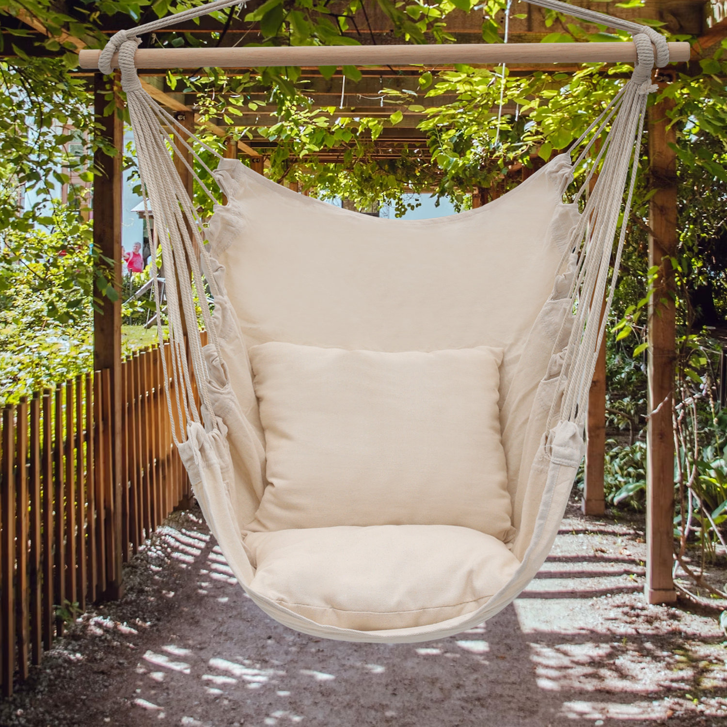 Chaise Hamac Suspendue Avec Poche Et Barre Acier - 226,8 Kg Capacité, 2 Coussins, Pour Intérieur/extérieur