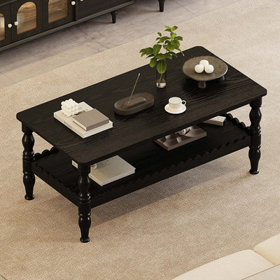 Solid Wood Coffee Table with 2-Tier Storage and Classical Legs