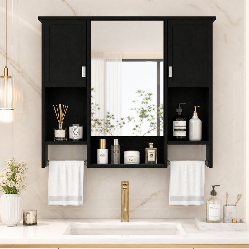 Armoire à pharmacie murale 35 po avec miroir et barre à serviettes, 35 po, noir, Noir