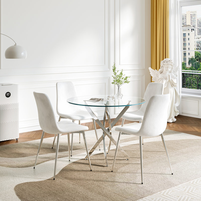 36" Round Glass Dining Set, Modern Cross Stainless Steel Base and 4 Velvet Upholstered Dining Chairs, Silver, White/Silver