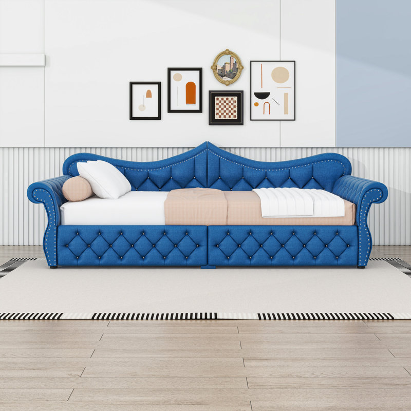 Queen Upholstered Daybed with Built-In LED Light Strips, Blue