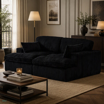 Double méridienne intérieure, canapé-lit rembourré surdimensionné pour l'intérieur, canapé-lit luxueux à assise profonde, causeuse modulaire, causeuse en velours côtelé pour le salon, aucun assemblage requis, noir