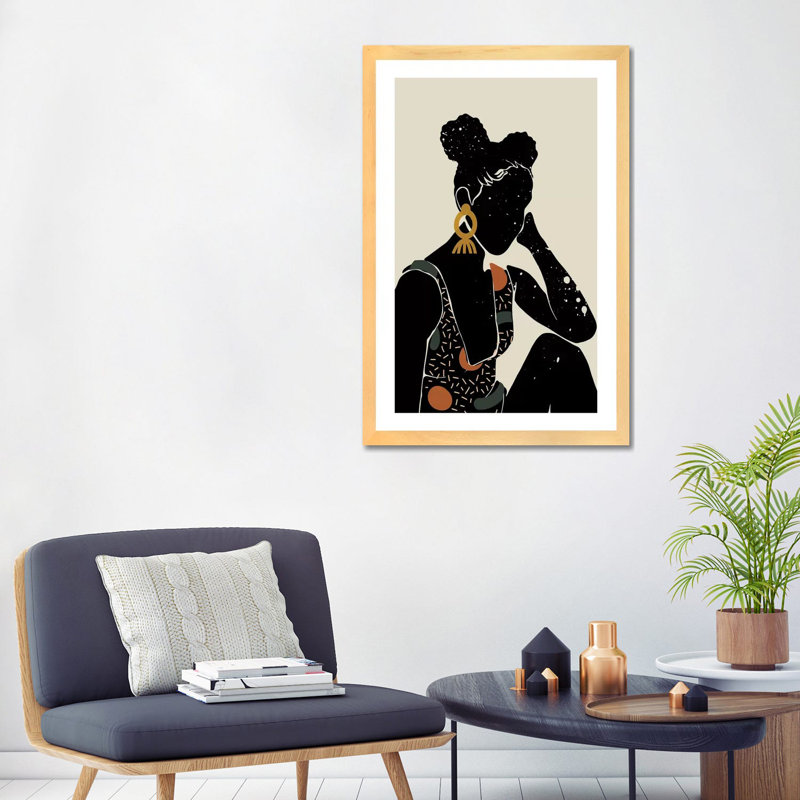 Black Hair VI - impression d'art graphique, H 24 po x l 32 po x P 1 po, Toile avec cadre en bois beige, Blanc